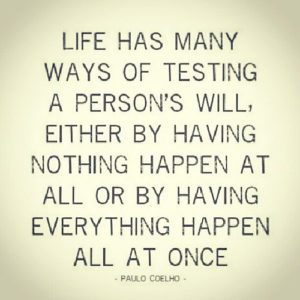 "Life has many ways of testing a person's will, either by having nothing happen at all or by having everything happen all at once." —Paulo Coelho